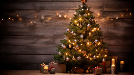 Fototapeta na wymiar Christmas tree on a wooden background. Generative AI,