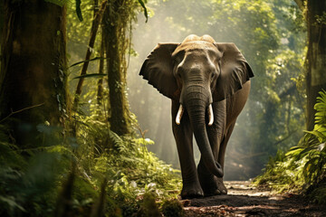 Fototapeta premium Elephant going on the trail in the rainforest