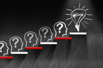 Concept of creative idea and innovation. Staircase with white and red steps on a blackboard with many symbols with human heads and question marks with a light bulb on the last step. 3D illustration.
