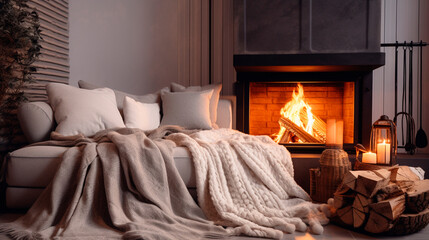 Cozy room with fireplace and sofa on a winter day. Generative AI,