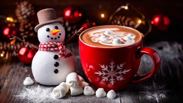 Christmas cup of cocoa with marshmallows and snowman. Generative AI,