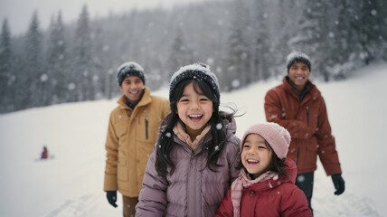 Children playing outside during winter snowy weather