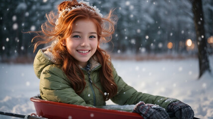 Little girl with red hair playing outside during winter snowing