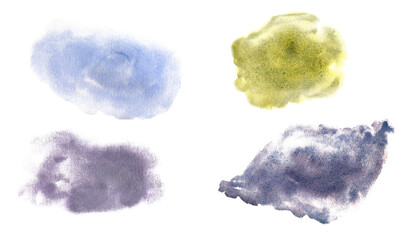 Set of watercolor paint stroke background illustration isolated on white. Stain brush blue, purple hand drawn. Gothic Dark Wedding Decoration in vintage style. Element for invitation, backdrop