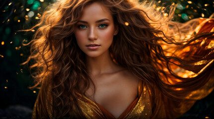 portrait of a beautiful woman in her dress with orange background