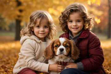 Two children with their cute dog Cavalier in autumn background