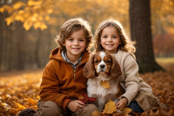 Naklejka na ściany i meble Two children with their cute dog Cavalier in autumn background