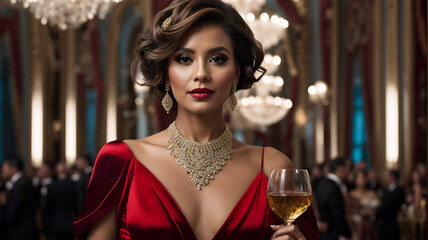 elegant lady in a red dress drinking champagne during a celebration or banquet