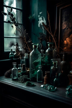 Green witch aesthetic room photography. Plants and vials on a desk. Dark witchy interior. Green academia and cottagecore aesthetic background.