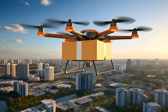 delivery drone delivering package over the city