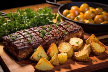 Fototapeta premium grilled asado cuts accompanied by garnished potatoes