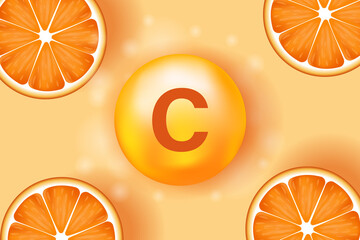 Vitamin C icon, orange slices. Capsule tablets illustration on beige background. Cosmetic care, nutrition, skin care, design.