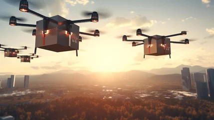 Fotobehang a flock of delivery drones delivering package over the city © Rax Qiu