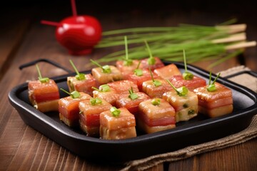 skewering bacon-wrapped tofu cubes with bamboo sticks