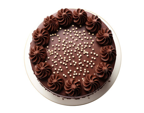 Birthday cake with chocolate isolated on transparent background, top view
