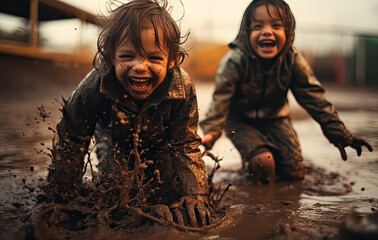 children playing in puddle with water coming at them - obrazy, fototapety, plakaty