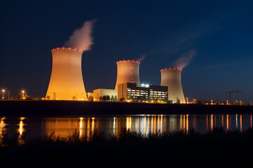 At dusk, the thermal power plants. - obrazy, fototapety, plakaty