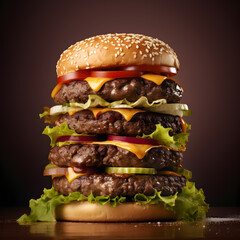 a large hamburger on a brown background.