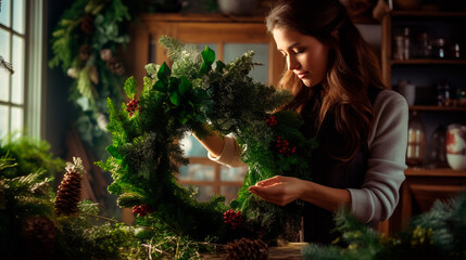 Woman making a Christmas wreath. Generative AI,