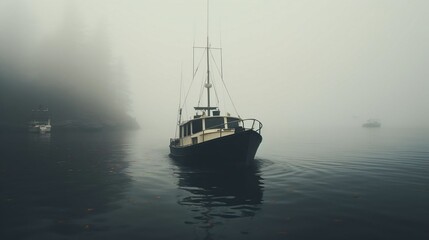 Naklejka premium A boat navigating through a fog-shrouded harbor 