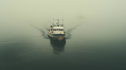 A boat navigating through a fog-shrouded harbor
