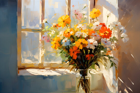 Floral Delights, Vibrant Blooms Painted on Sunny Window with Canvas Texture and Brush Strokes