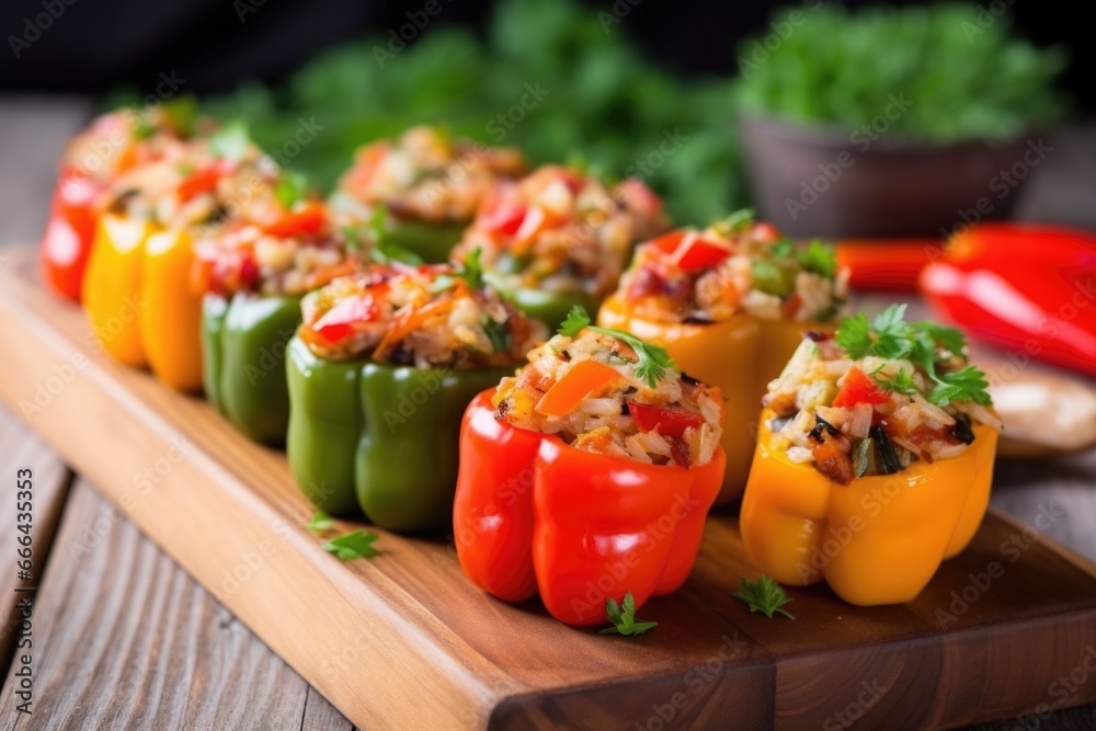 Canvas Prints row of stuffed bell peppers with bbq meat on board