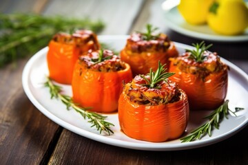 bbq stuffed bell peppers with a sprig of rosemary