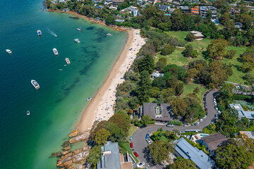 Panoramic drone aerial view over Cobblers Bay and Chinamans Beach in Mosman, Northern Beaches Sydney