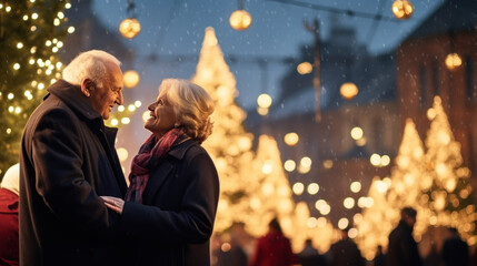 elderly couple standing in front of a christmas tree