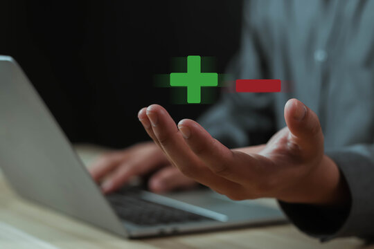 Businessmen show opposite positive and negative signs, decisions, and positive or negative business choices. Analysis of advantages and disadvantages, comparison
