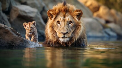 Lion and cub looking at his reflection in the water, against the background of mountains. - obrazy, fototapety, plakaty