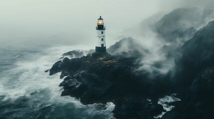 A lonely lighthouse obscured by the dense sea mist
