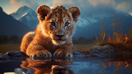 Lion and cub looking at his reflection in the water, against the background of mountains.