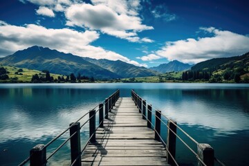 jetty at peaceful lake and mountain view in summer - obrazy, fototapety, plakaty