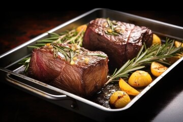 juicy beef roast with roasted garlic cloves and rosemary twigs on a metal tray