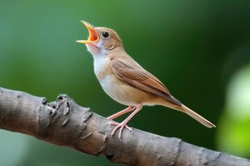 close-focus shot of a nightingale singing on a branch