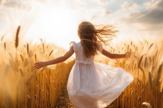 happy little girl in white dress run in wheat field in summer