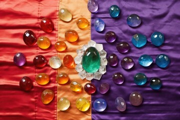 birthstones divided into groups based on their respective months on a fabric mat
