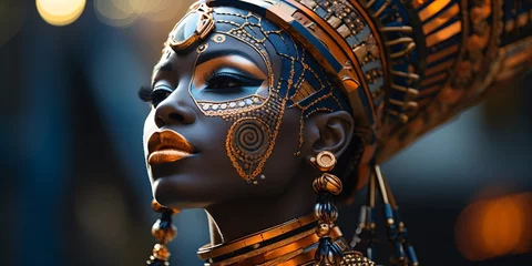 Muurstickers black woman with traditional african headdress © Riverland Studio