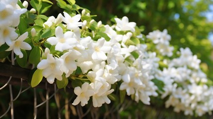 Jasmine flowers intertwined on a trellis, their fragrance permeating the air.