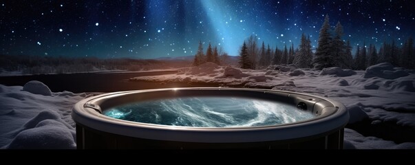 luxury hot tub outdoor in snowy winter landscape at night - obrazy, fototapety, plakaty