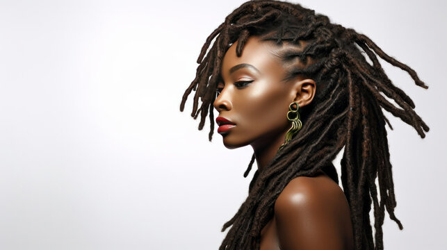 Portrait of young african woman with long natural locs. Hair care, make-up and hair health