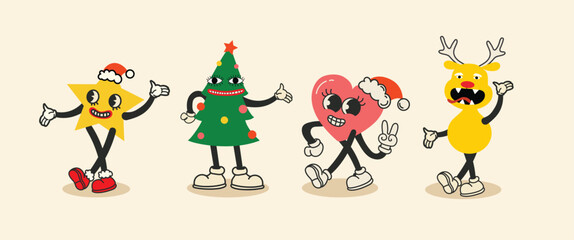 Groovy hippie Christmas stickers. Santa Claus, Christmas tree, deer and heart ,groovy and bright, in trendy retro cartoon style. Merry Christmas and Happy New year.