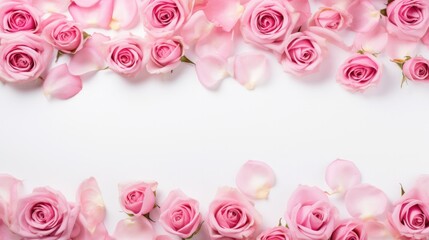 Fototapeta na wymiar pink roses flowers and petals isolated on white background. Valentine's day Floral frame composition. Empty copy text space. advertisement, banner, card. for template, presentation.