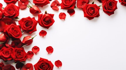 red roses flowers and petals isolated on white background. Valentine's day Floral frame composition. Empty copy text space. advertisement, banner, card. for template, presentation. - obrazy, fototapety, plakaty