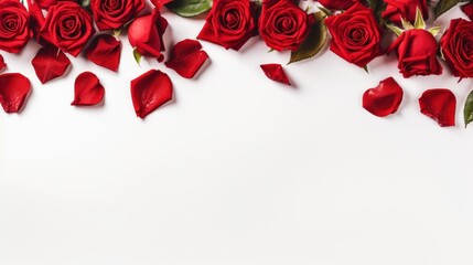 red roses flowers and petals isolated on white background. Valentine's day Floral frame composition. Empty copy text space. advertisement, banner, card. for template, presentation.