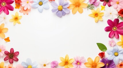 composition frame with colorful flowers on blank white background.Greeting card. Valentine's day. copy text space. 