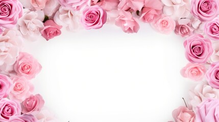 pink roses flowers and petals isolated on white background. Valentine's day Floral frame composition. Empty copy text space. advertisement, banner, card. for template, presentation.