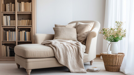 Cozy beige chaise lounge sofa with a soft blanket - obrazy, fototapety, plakaty